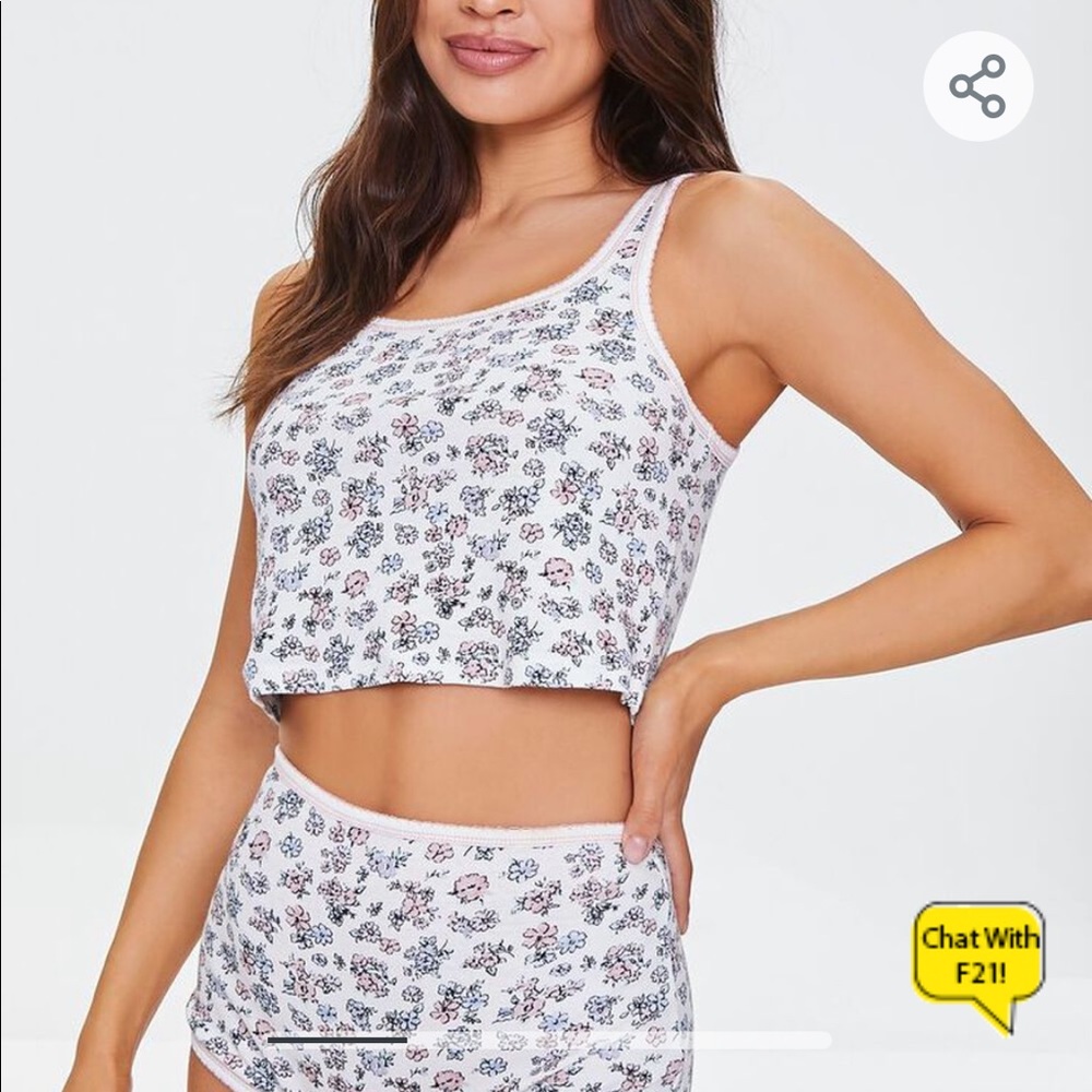 Forever 21 Cotton Ditsy Floral Pajama Set Tank Top & Ringer Shorts White Pink